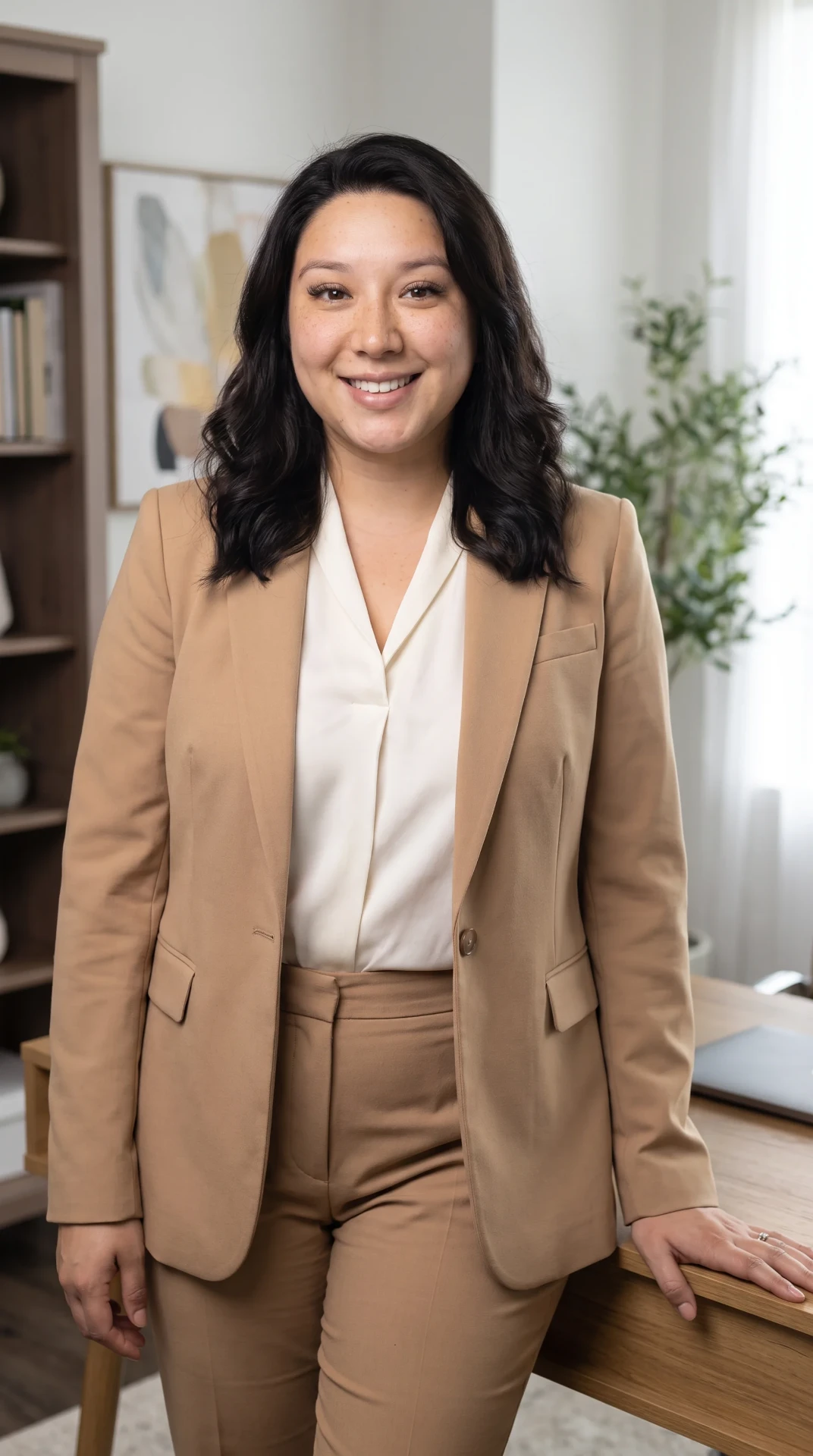 Kayla Bejarano smiling in a professional tan suit